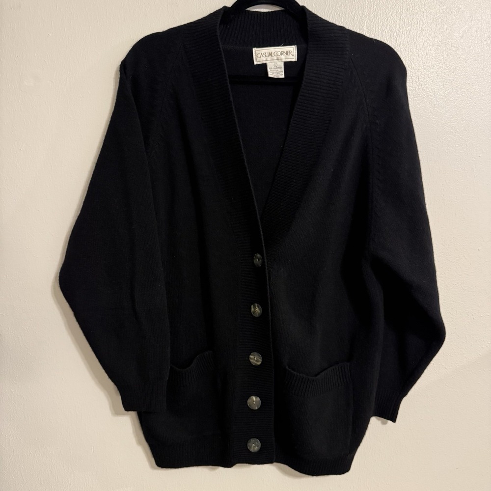 Casual Corner Lambswool Green Cardigan Sweater Size Large Shoulder Pads Pockets